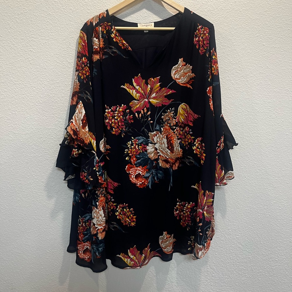 Umgee Black‎ Floral Midi Dress with Ruffle Sleeves